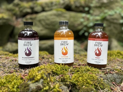 Three bottles of Fire Brew tonic – Elderberry, Citrus, and Beet – placed on mossy rocks in nature.