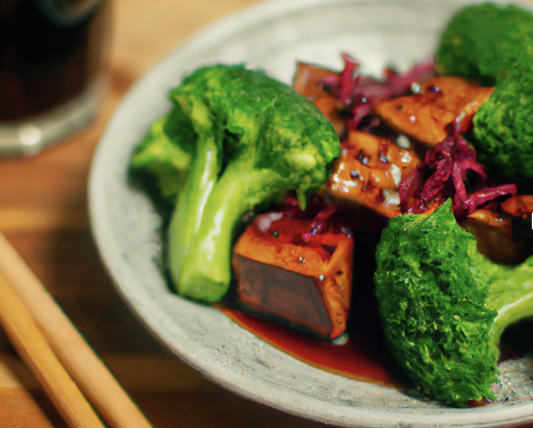 Savory tofu glazed in soy sauce with vibrant broccoli and pickled cabbage—healthy, colorful, and flavorful.