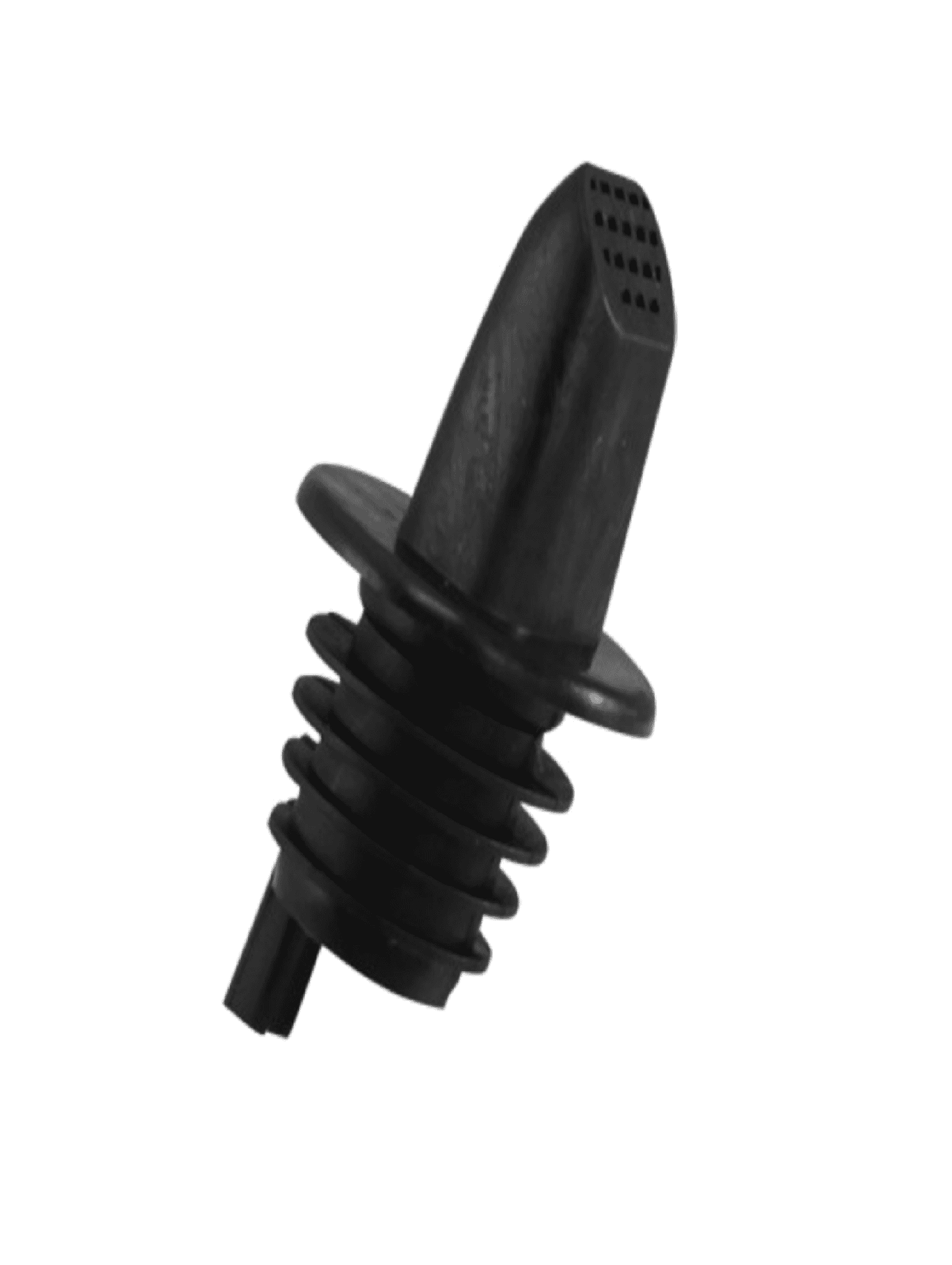 A black plastic pour spout with a ribbed stopper design and vented top, ideal for controlled liquid pouring.