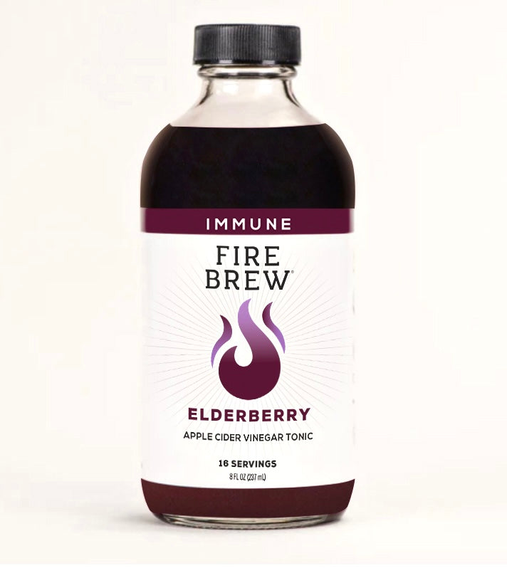 Front view of Elderberry Fire Brew bottle labeled “Immune” with 16 servings of apple cider vinegar tonic.
