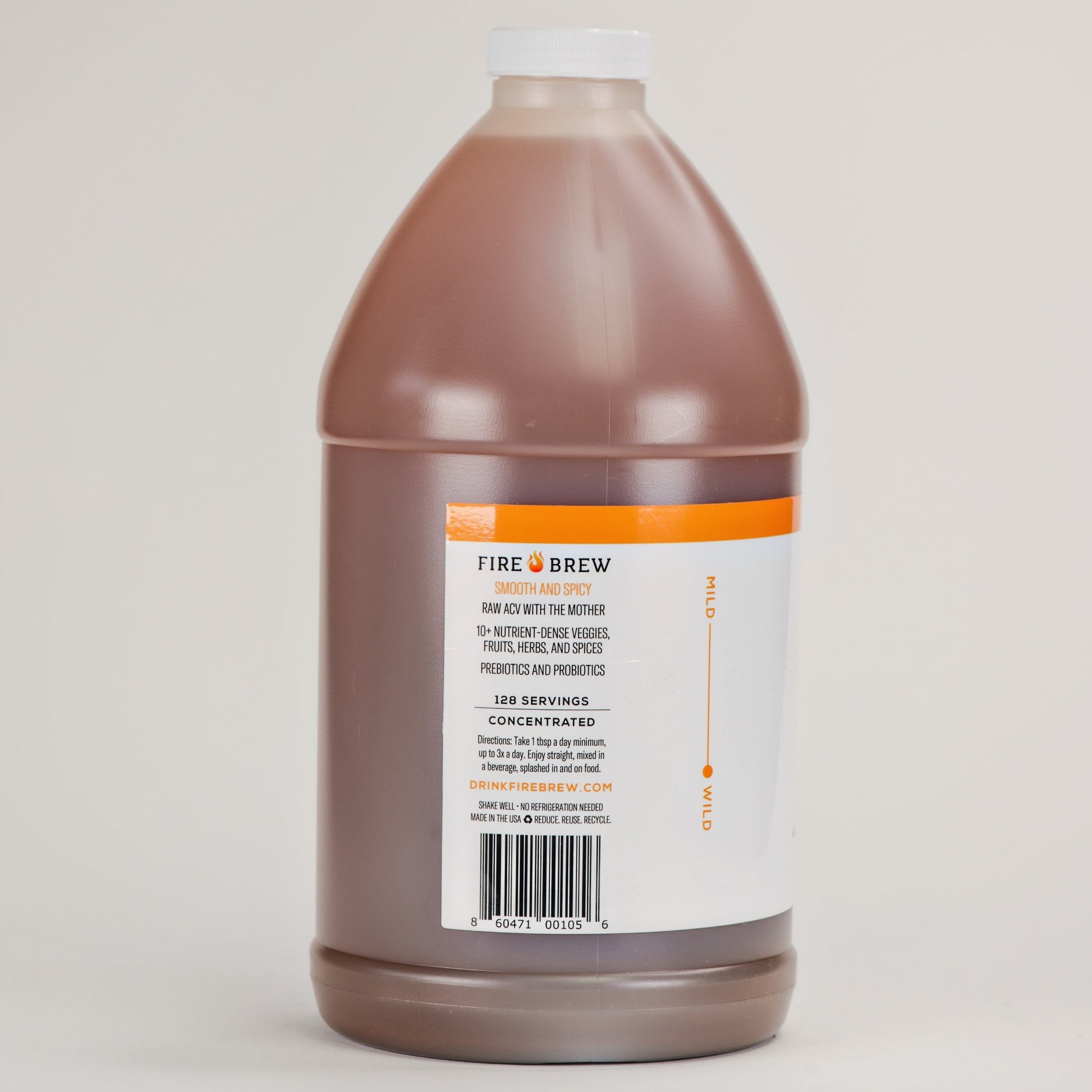 Back label of Fire Brew gallon showing product info, usage directions, and intensity scale.