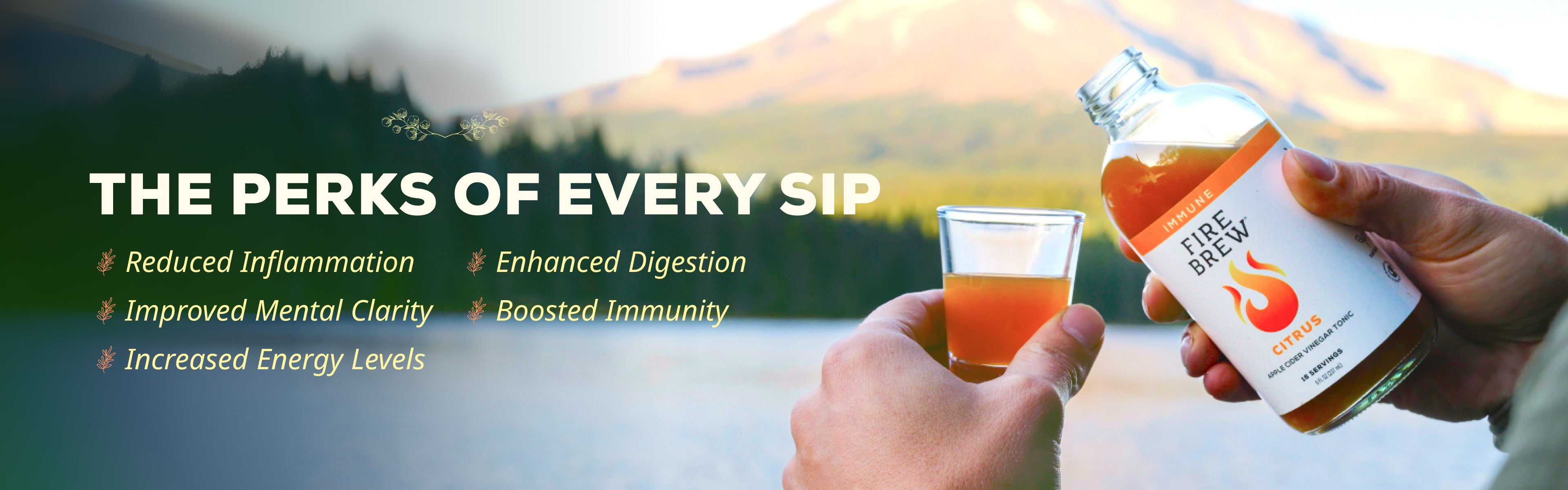 Fire Brew citrus Apple Cider Vinegar tonic being poured outdoors with health benefits listed on the left.