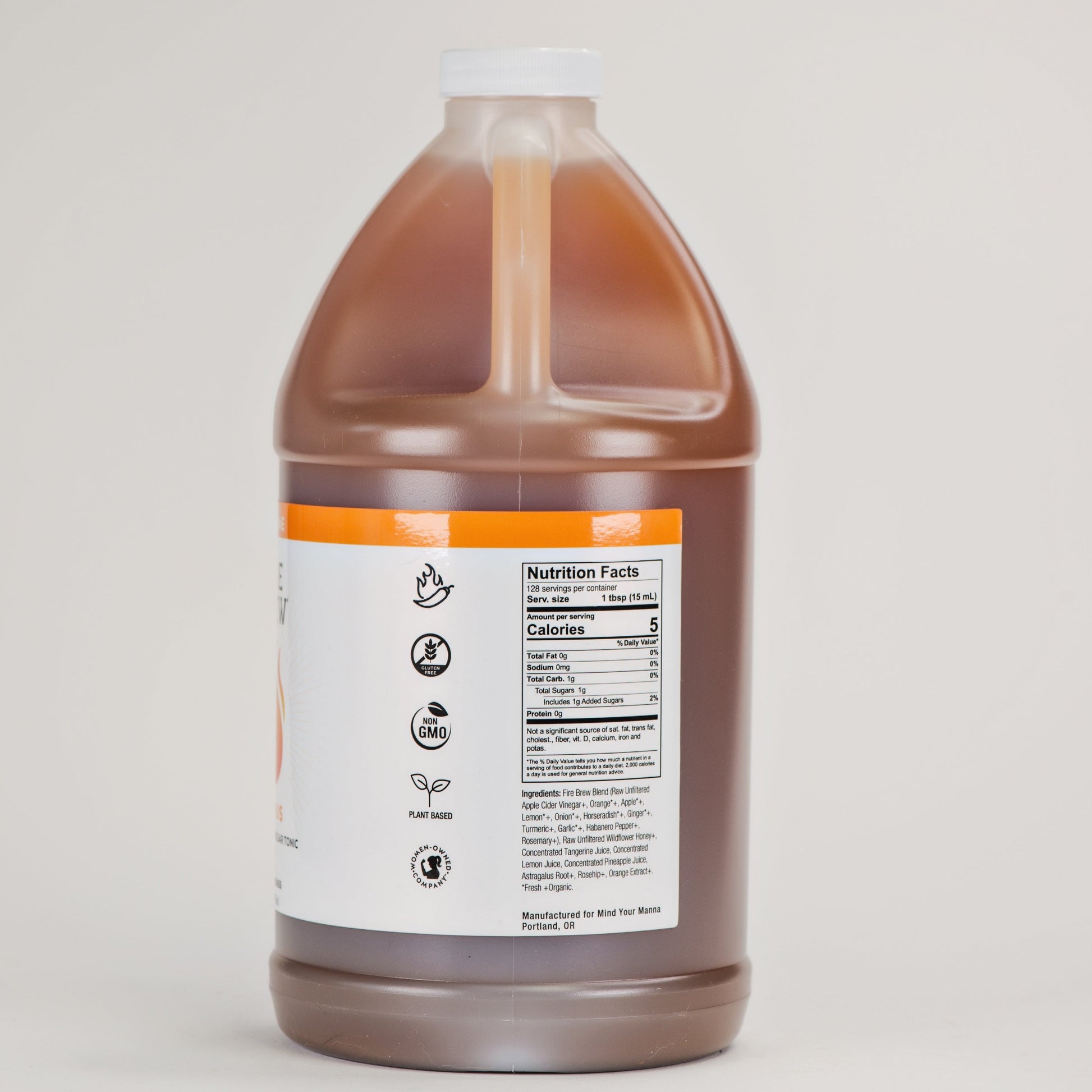 Large Fire Brew apple cider vinegar tonic jug with visible nutrition facts and ingredient label.