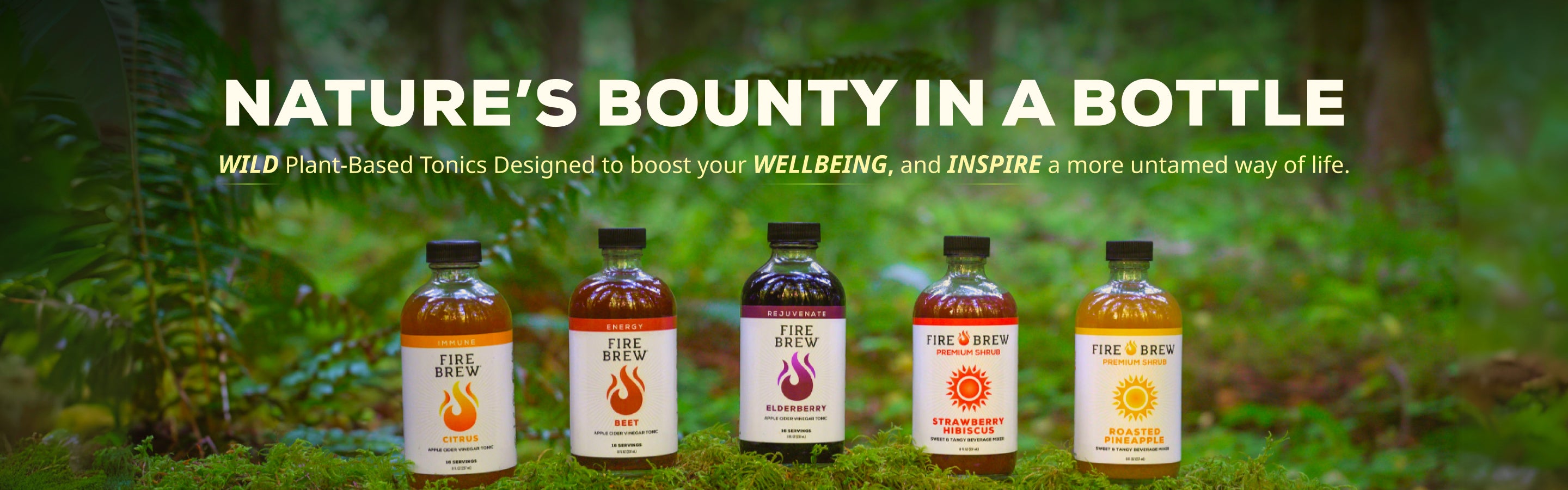 Fire Brew Apple Cider Vinegar tonic bottles displayed in a lush forest setting with a wellness-focused message.