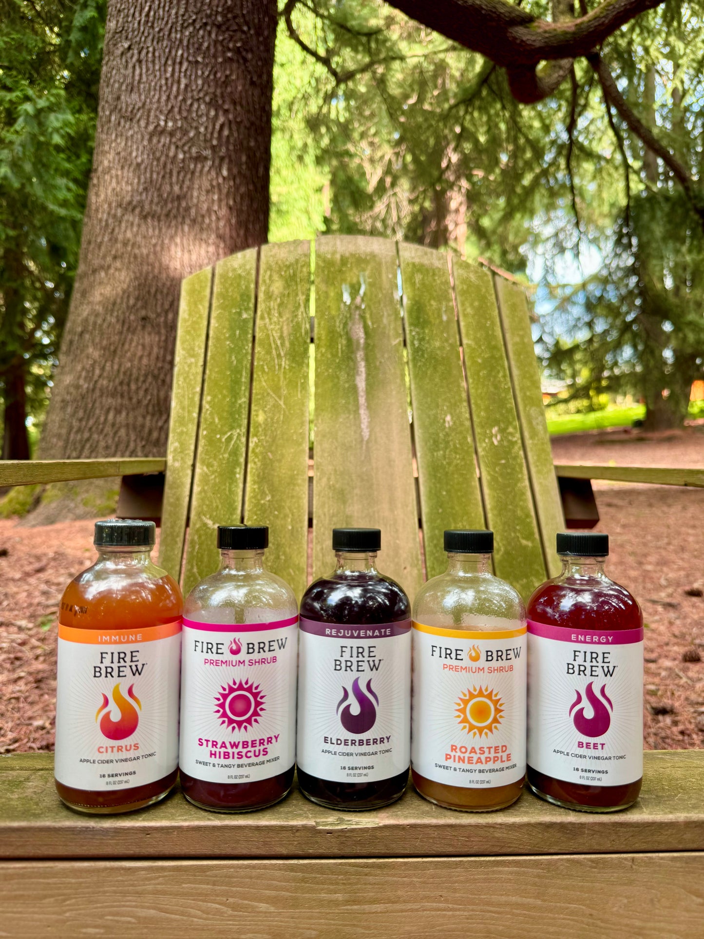 Five Fire Brew apple cider vinegar tonics and shrubs displayed outdoors on a wooden chair.