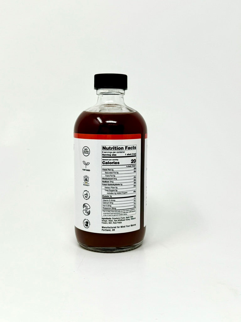 Back view of Fire Brew Strawberry Hibiscus shrub showing nutrition facts and apple cider vinegar ingredients.