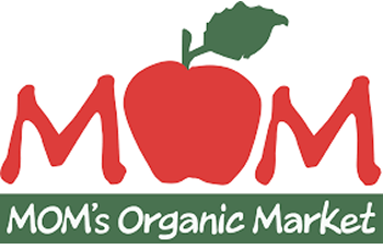 MOM’s Organic Market logo featuring a red apple as the "O" with green leaf and stylized red lettering above green banner.
