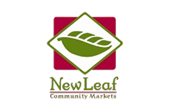 New Leaf Community Markets logo featuring a green leaf in a diamond over a red square, with green text below.