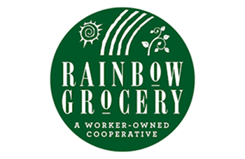 Green circular Rainbow Grocery logo with white stylized sun, rainbow, and plant icons above bold cooperative branding.