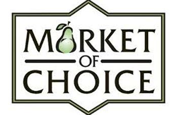 Market of Choice logo with elegant serif text and a green pear replacing the “A” in MARKET, inside a bordered shape.