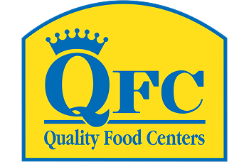 QFC (Quality Food Centers) logo with blue crown and text on a bright yellow background with blue border.