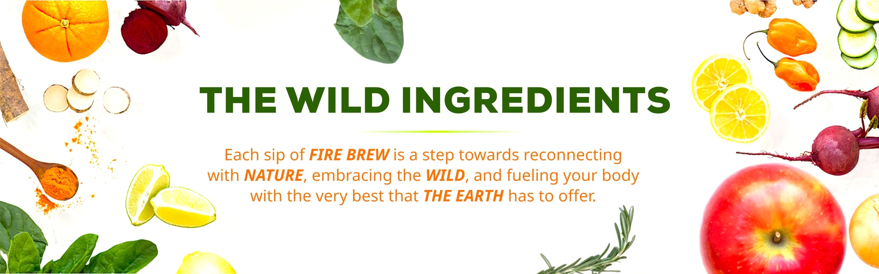Colorful fruits, veggies, and herbs frame bold text highlighting Fire Brew’s wild, natural ingredients.