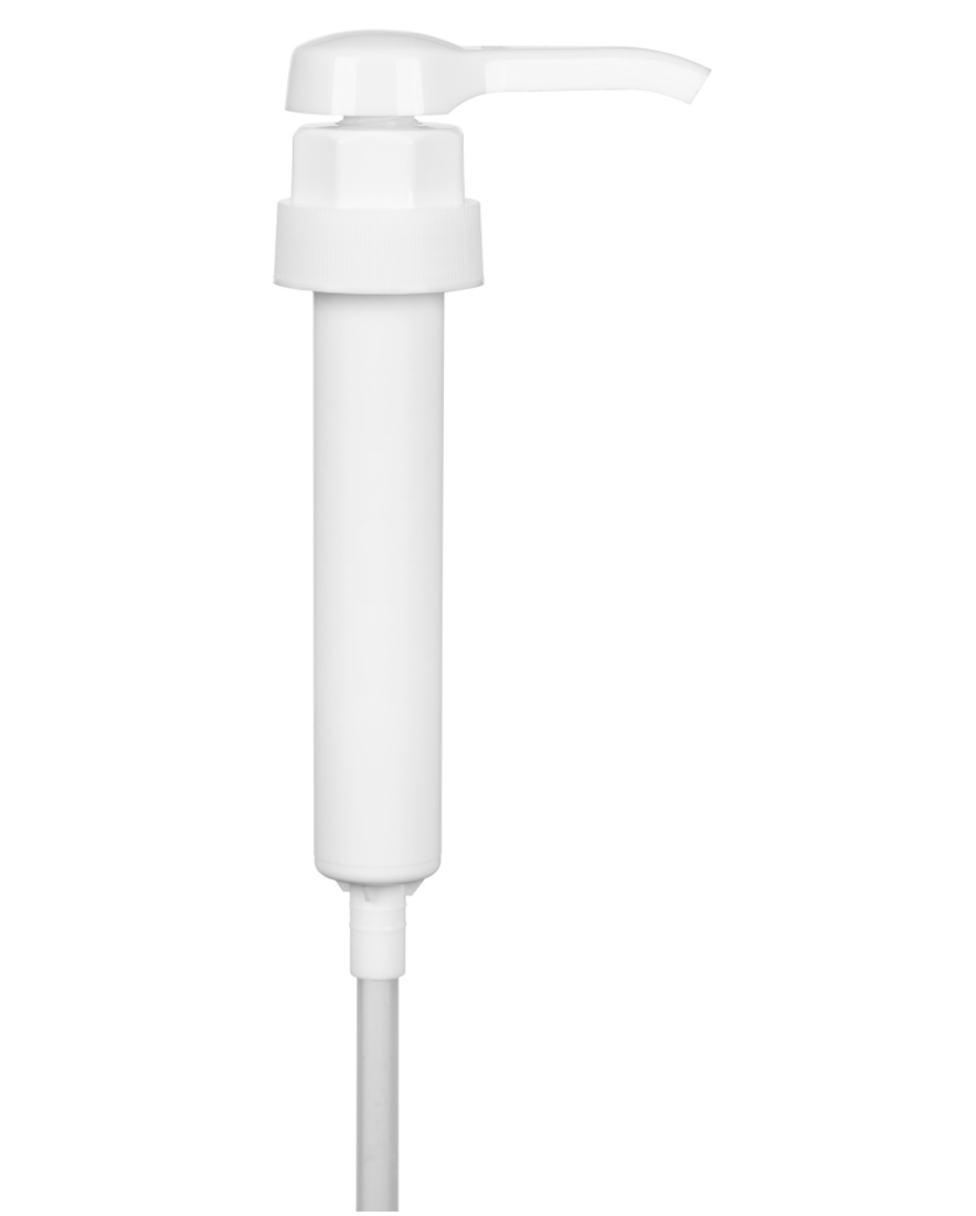 White plastic pump dispenser designed for use with gallon-sized bottles, ideal for easy liquid dispensing.