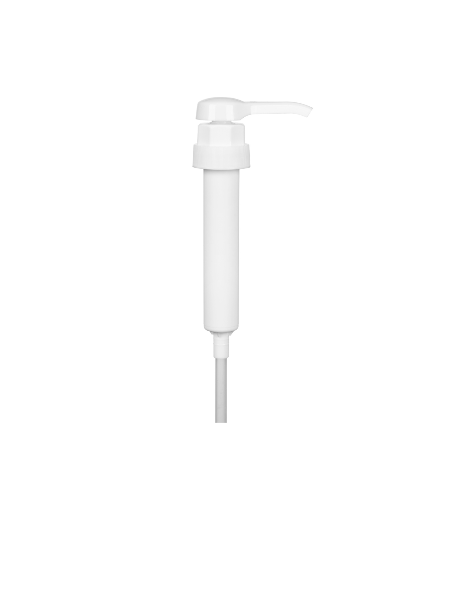 A white plastic pump dispenser with a long stem, ideal for easily dispensing liquid tonics or syrups.