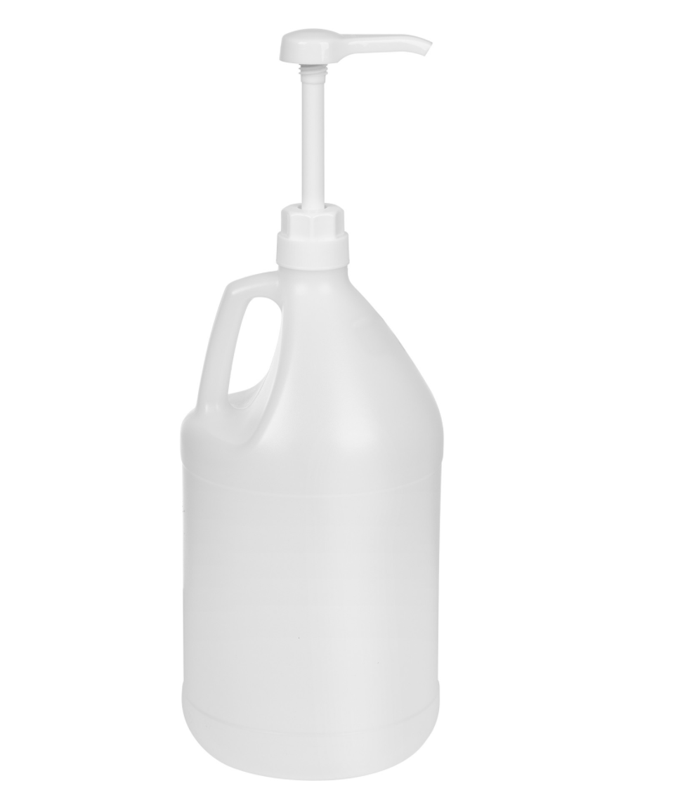 Large white plastic gallon jug with handle and dispensing pump, ideal for bulk liquids or refills.