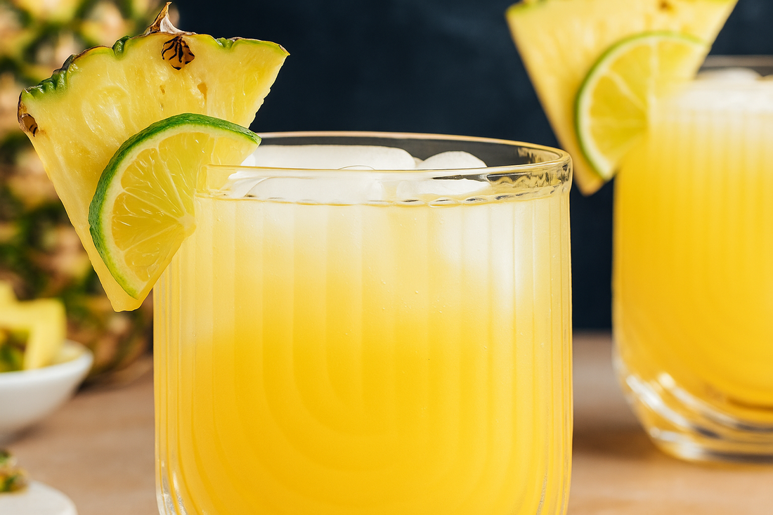 Apple Cider Vinegar Shrub Cocktail Recipes served in glasses with pineapple and lime garnish on ice.
