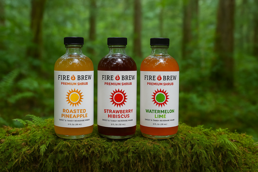 Three Fire Brew premium apple cider vinegar shrubs in roasted pineapple, strawberry hibiscus, and watermelon lime.