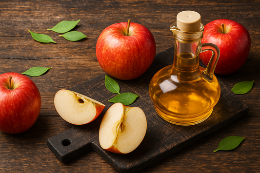 Fresh red apples and apple cider vinegar for weight loss on a rustic wooden board.