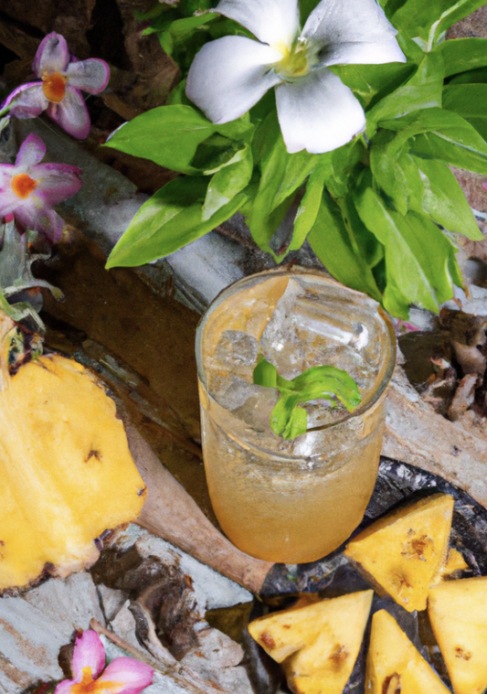 Tropical pineapple cocktail with fresh mint and ice, served among vibrant flowers for a lush island vibe.