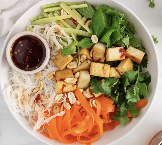 Crispy Tofu Vietnamese Noodle Bowl with Fire Brew Dressing