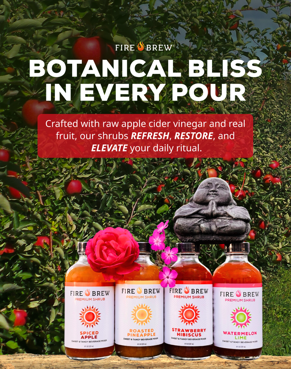 Fire Brew shrubs made with raw apple cider vinegar and real fruit for a refreshing daily ritual.
