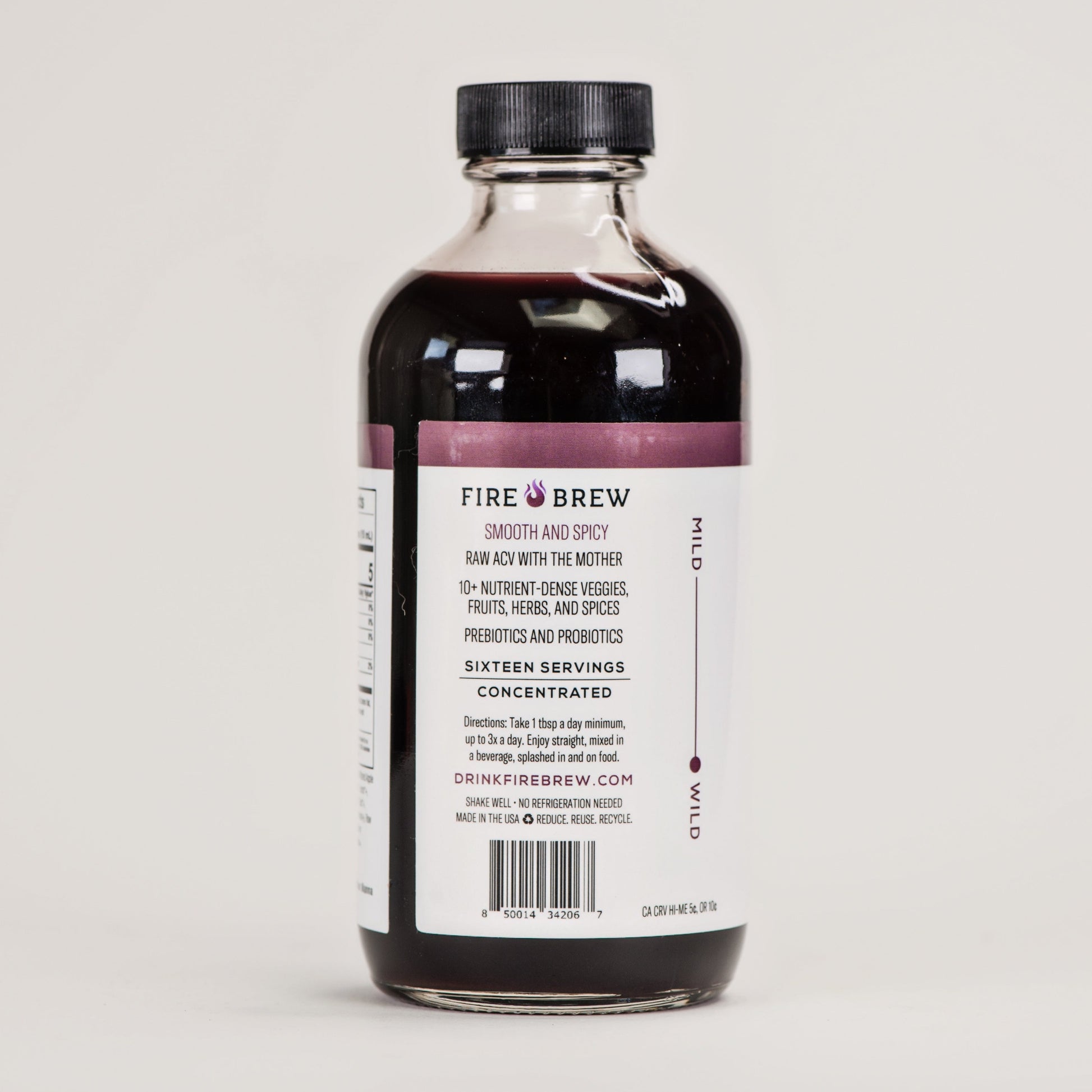 Back label of Fire Brew apple cider vinegar tonic shows ingredients, serving details, spice level, and usage directions.
