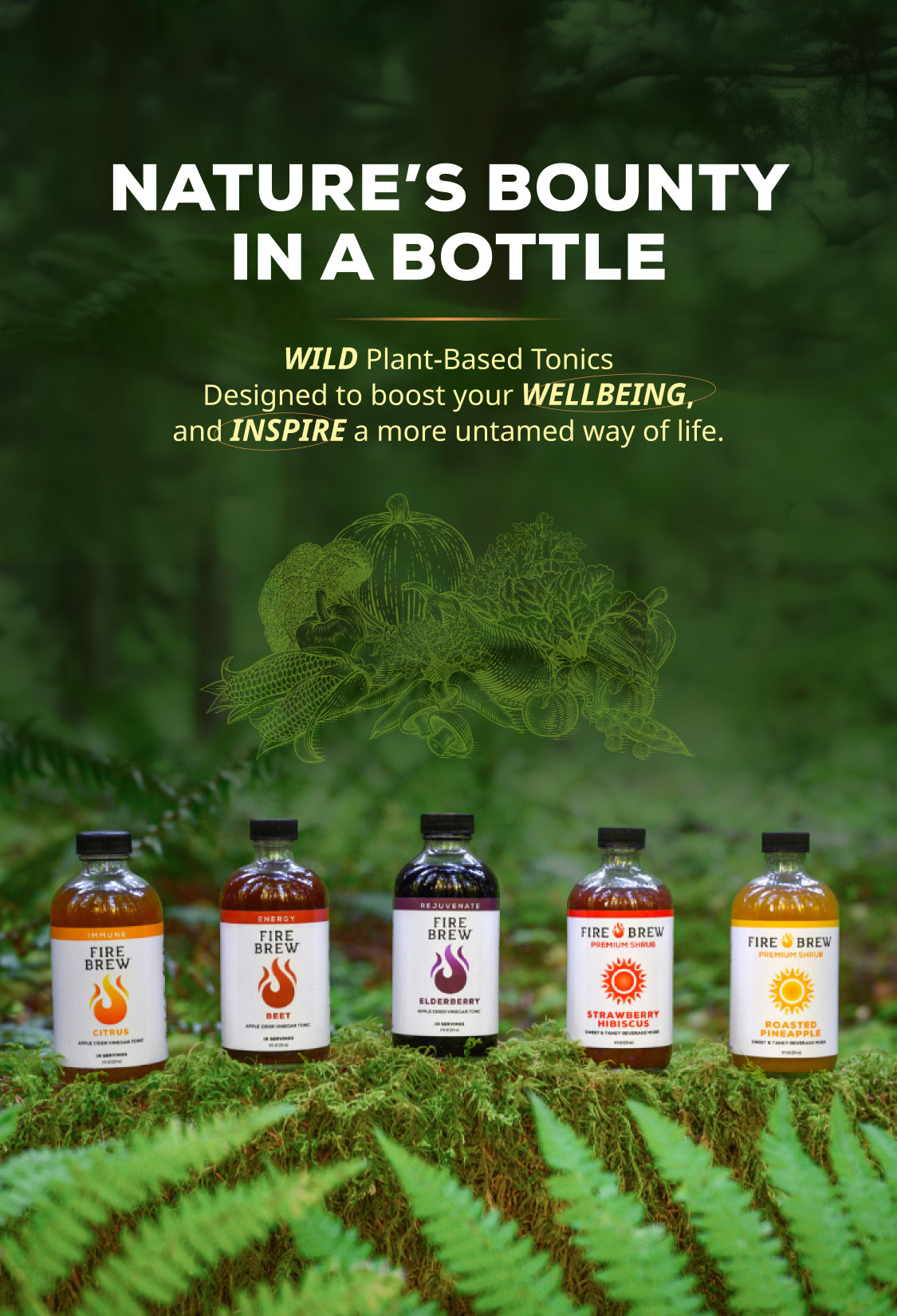Fire Brew Apple Cider Vinegar tonic bottles displayed on mossy ground in a forest with illustrated produce above.