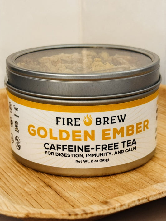 Fire Brew Golden Ember caffeine-free tea tin for digestion, immunity, and calm herbal tea.