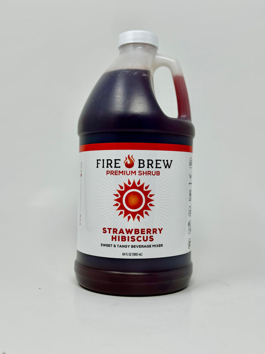 Fire Brew Strawberry Hibiscus Apple Cider Vinegar Shrub bottle, a sweet and tangy beverage mixer.